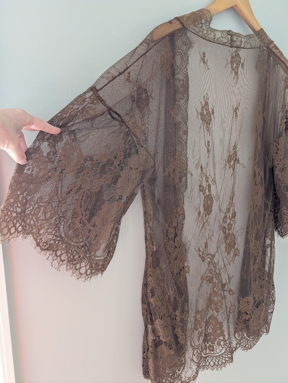Brown Sheer Floral Lace Kimono Cardigan Duster S Boho Western Festival - Picture 6 of 6